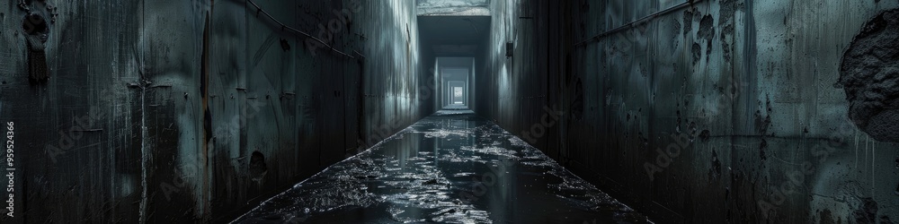 Obraz premium Dimly Lit Flooded Passageway in an Aged Underground Military Facility