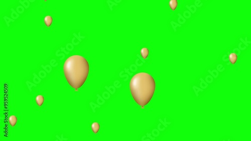 Green screen video frame with shiny gold balloons of various sizes floating upwards on a bright green background.
