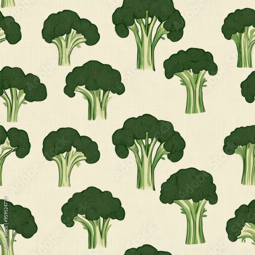 Vintage broccoli pattern on vintage beige fabric background, seamless repeating pattern, textile print style, minimal, broccoli design, seamless broccoli pattern, home decor, textiles