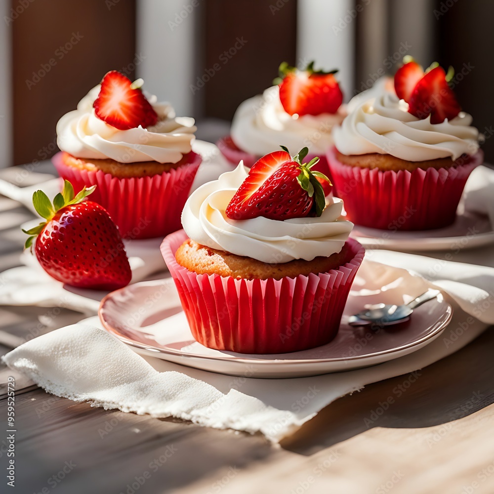 Strawberry cupcakes on plate, food and dessert concept, food photography for advertisement Strawberry cupcakes on plate, food and dessert concept, food photography for advertisement