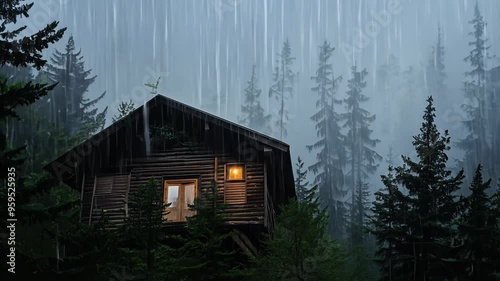 A cabin looms in the woods, rain pouring down at dusk.