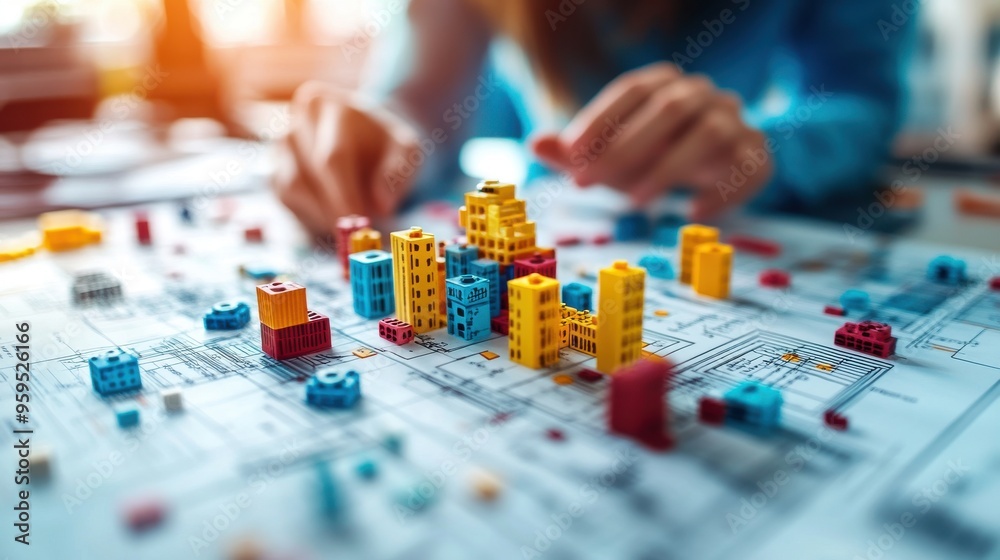 Building a City with Toy Blocks on Blueprint. Building a City with Toy Blocks on Blueprint.