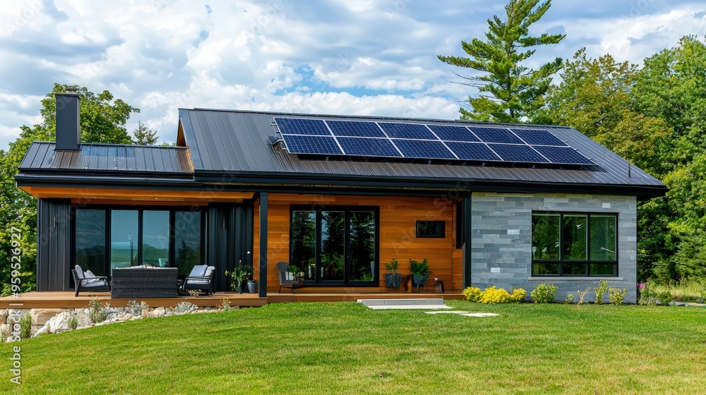A home exterior with solar panels integrated into the design, demonstrating clean energy use, copy space A home exterior with solar panels integrated into the design, demonstrating clean energy use, copy space