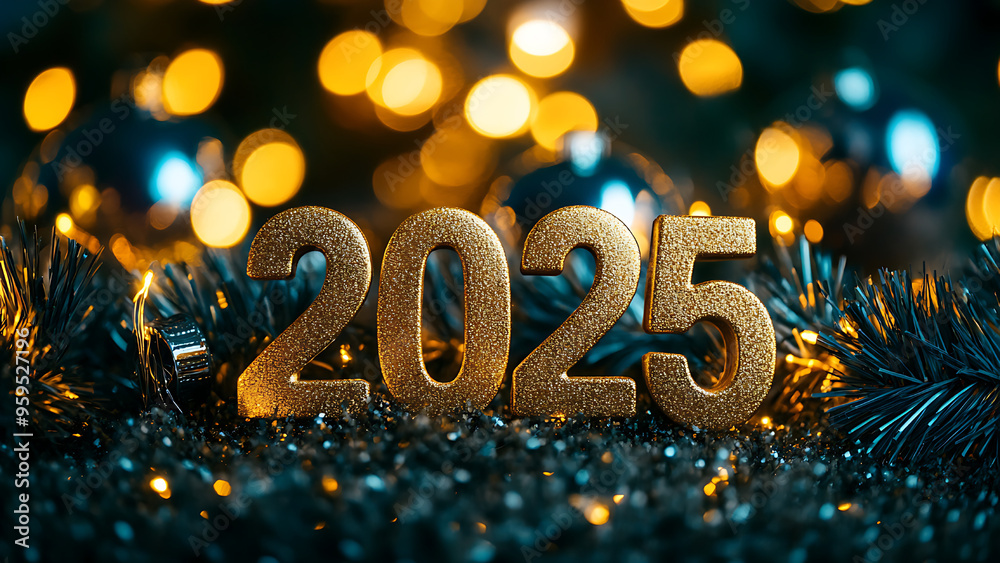 2025 in gold glitter against a sparkly background. Happy New Year 2025.
2025 in gold glitter against a sparkly background. Happy New Year 2025.