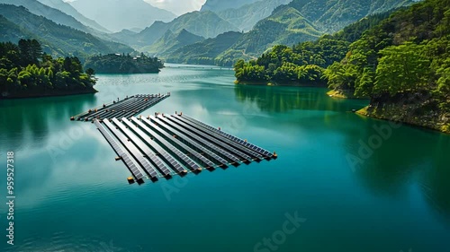 Floating Solar Panels on Mountain Lake: A breathtaking aerial view of a pristine mountain lake with a large floating solar panel array, showcasing a sustainable energy solution in a picturesque natura