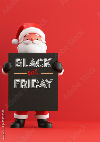 Festive Santa Claus holding a sign for Black Friday sale on a vibrant red background, perfect for holiday promotions.