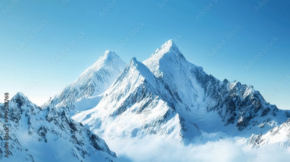 A mountain range with sharp peaks covered in snow, under a clear blue sky, emphasizing the majesty of nature A mountain range with sharp peaks covered in snow, under a clear blue sky, emphasizing the majesty of nature