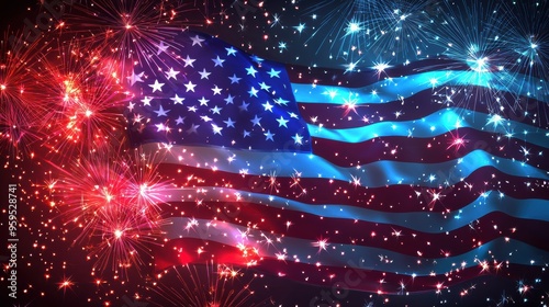 Vibrant Fireworks Display with American Flag Backdrop Celebrating Independence