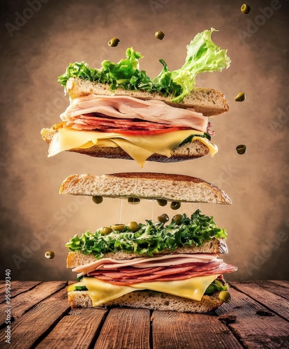 A delicious sandwich stacked high with layers of fresh ingredients, showcasing a perfect blend of greens, meats, and cheese.