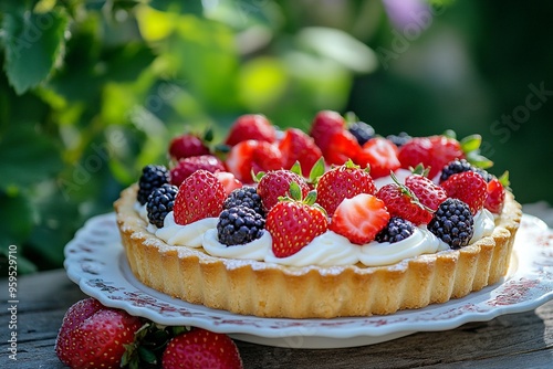 Cake Tarte tropezienne or La Tarte de Saint Tropez. dessert pastry consisting of filled brioche with cream and fresh berries served outdoor with fresh ripe strawberry. Generative Ai photo