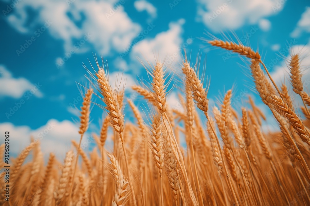 Fototapeta premium Golden wheat stalks sway gently in the breeze against a blue sky and white clouds.