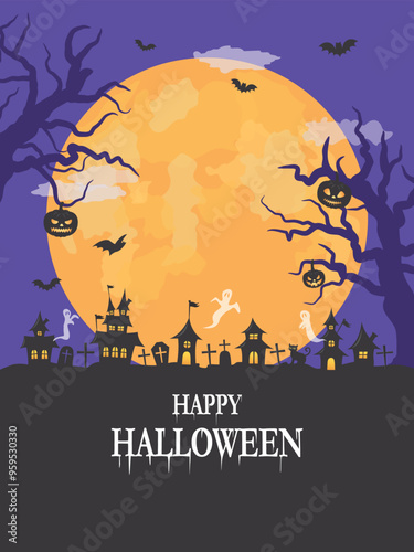 ハロウィン　満月が浮かぶ墓地