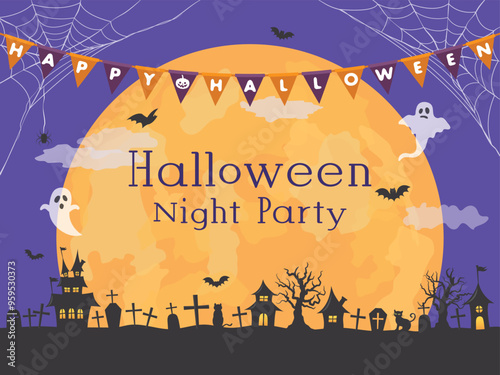 ハロウィン　満月が浮かぶ墓地