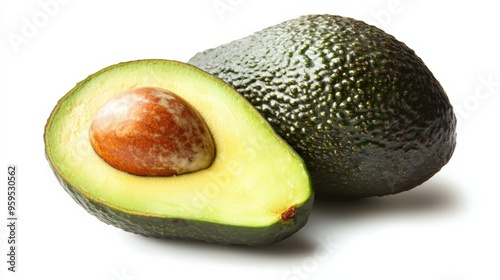 A perfectly ripe avocado, halved to reveal the creamy green flesh and large seed, isolated on a white background, copy space --ar 16:9 --quality 2 --v 6.1 Job ID: 0569139a-7ec7-4c6c-97ba-eea5d0dbf397