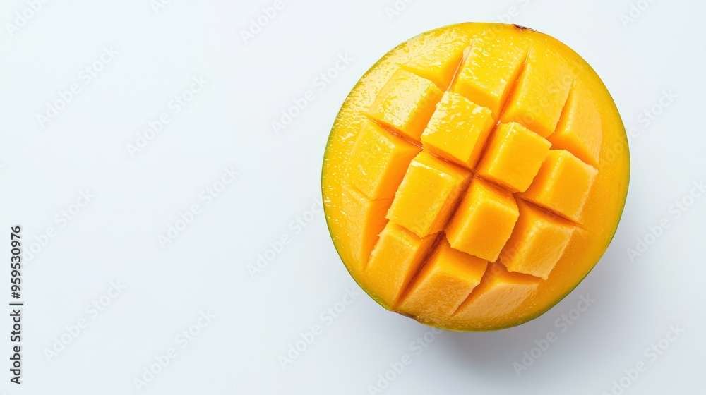 A perfectly ripe mango, sliced to show the vibrant orange flesh, isolated on a white background, copy space --ar 16:9 --quality 2 --v 6.1 Job ID: 240415b8-0445-42cd-aff4-778b7002077b A perfectly ripe mango, sliced to show the vibrant orange flesh, isolated on a white background, copy space --ar 16:9 --quality 2 --v 6.1 Job ID: 240415b8-0445-42cd-aff4-778b7002077b