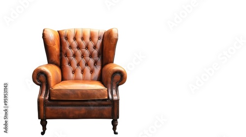 High-quality brown leather armchair isolated on white background, featuring detailed leather texture, sharp focus, and white space around the edges for versatile graphic design and post-processing use