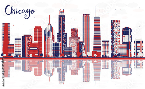 Abstract Chicago USA city skyline with color skyscrapers and reflections. Cityscape with landmarks.
