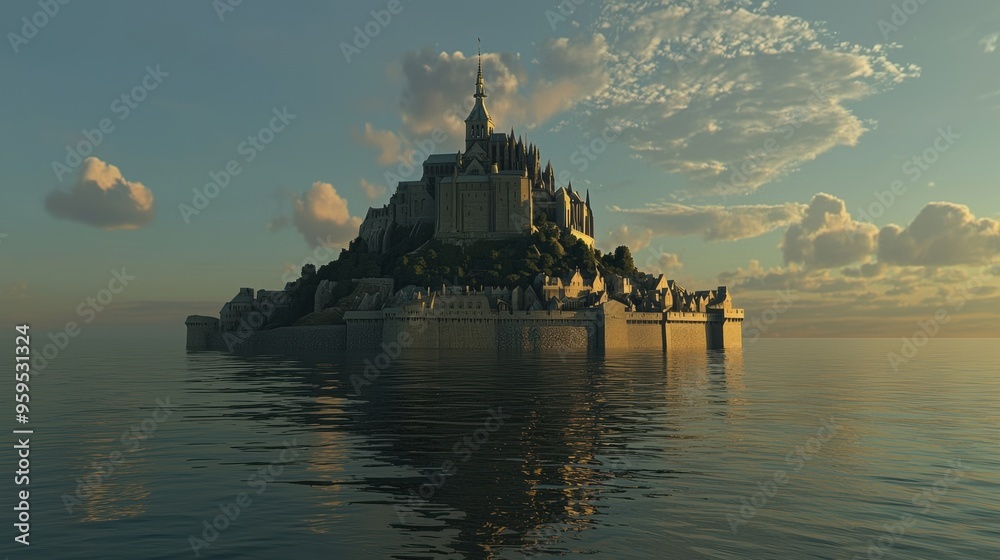 Obraz premium Majestic Medieval Castle Overlooking Tranquil Island Oasis at Sunset