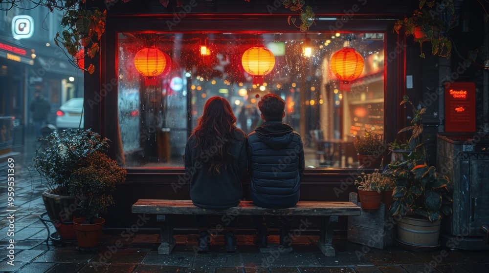 Two friends sitting on a bench outside a nightclub, waiting for a taxi Two friends sitting on a bench outside a nightclub, waiting for a taxi