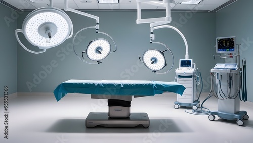 modern surgical suite features advanced technology, including surgical lamps, medical monitors, and a patient bed. The clinical setting is prepared for a variety of procedures.