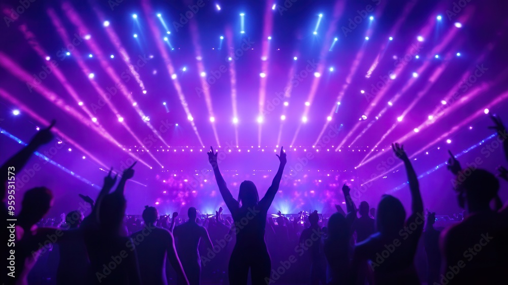 Obraz premium A vibrant concert scene with colorful lights illuminating an energetic crowd enjoying the music and atmosphere.
