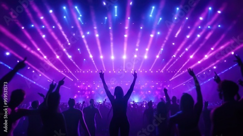A vibrant concert scene with colorful lights illuminating an energetic crowd enjoying the music and atmosphere.