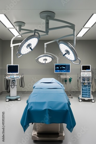 modern surgical suite features advanced technology, including surgical lamps, medical monitors, and a patient bed. The clinical setting is prepared for a variety of procedures.