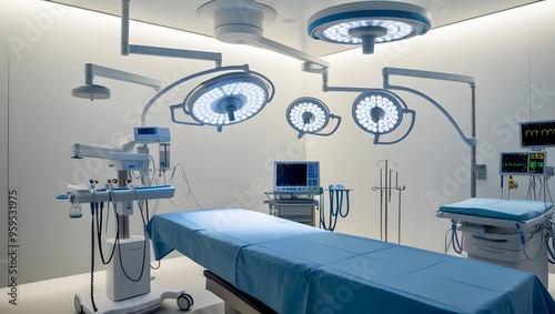 modern surgical suite features advanced technology, including surgical lamps, medical monitors, and a patient bed. The clinical setting is prepared for a variety of procedures.