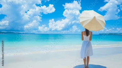 beach, umbrella, sea, woman, summer, ocean, sky, sand, vacation, water, paras...