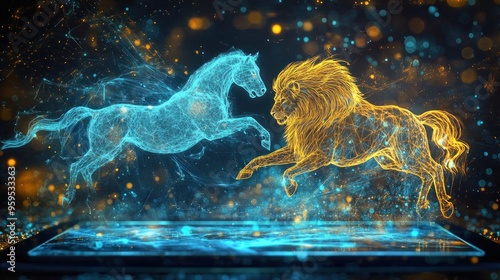 Digital Horse and Lion Confrontation abstract  background