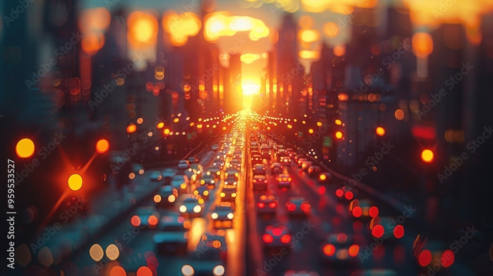 Obraz premium Urban skyline at sunset with blurred traffic lights and cityscape, highlighting city life and modern architecture