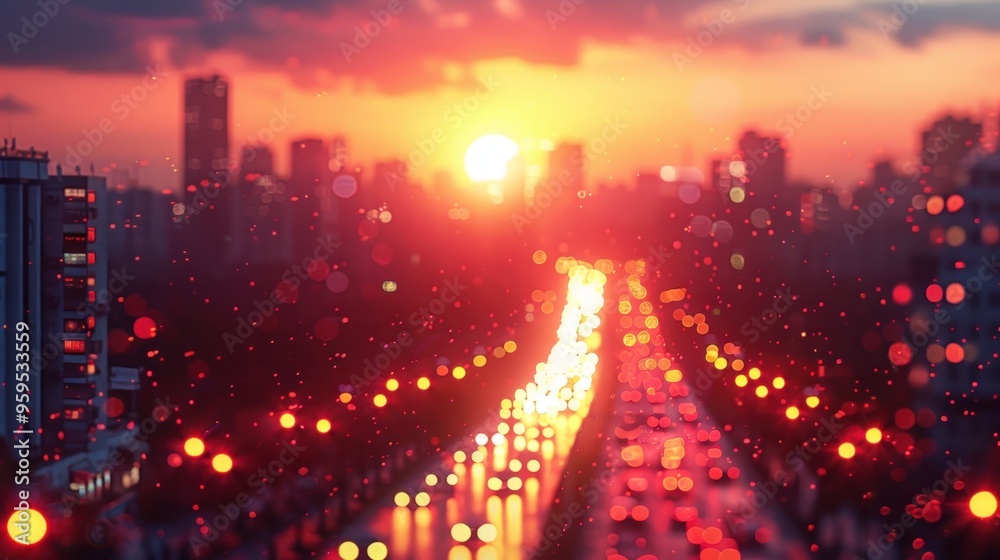 Obraz premium Urban skyline at sunset with blurred traffic lights and cityscape, highlighting city life and modern architecture