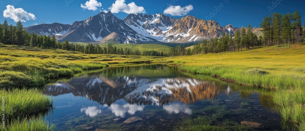 Obraz premium Majestic Mountain Range Reflected in Still Water