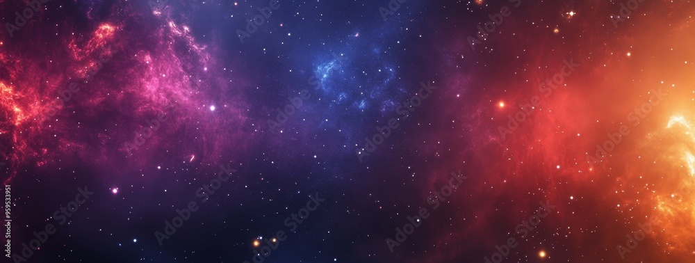 Naklejka premium A vibrant nebula with red, blue, and yellow hues against a dark space background with twinkling stars.