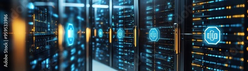 Virtual server room filled with secure copyright symbols, emphasizing data protection in content storage