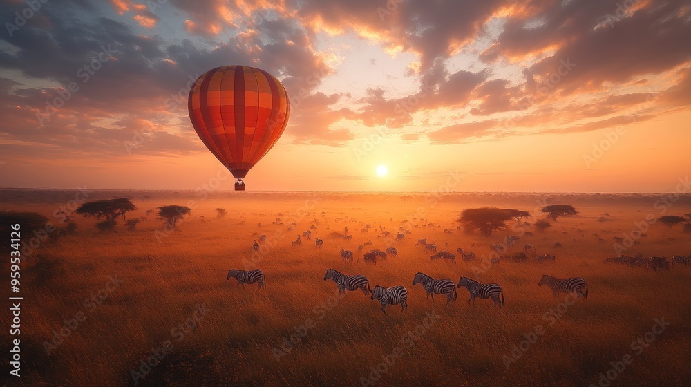 Hot air balloon over a savannah with grazing zebras at sunset. Hot air balloon over a savannah with grazing zebras at sunset.