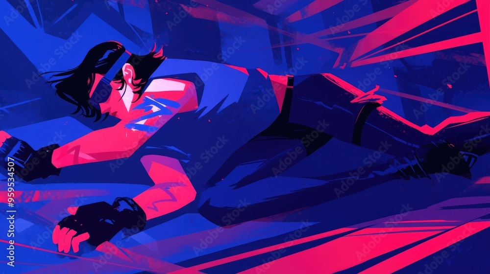 A person in dark clothing lies on a blue and pink surface with geometric shapes. A person in dark clothing lies on a blue and pink surface with geometric shapes.