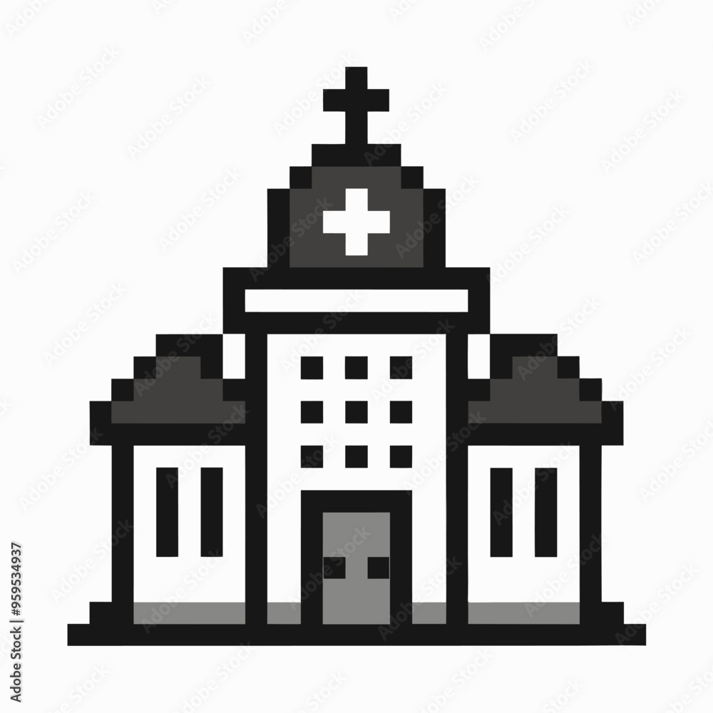 Pixel Art Hospital Building Icon with Cross and Windows on a White Background Pixel Art Hospital Building Icon with Cross and Windows on a White Background
