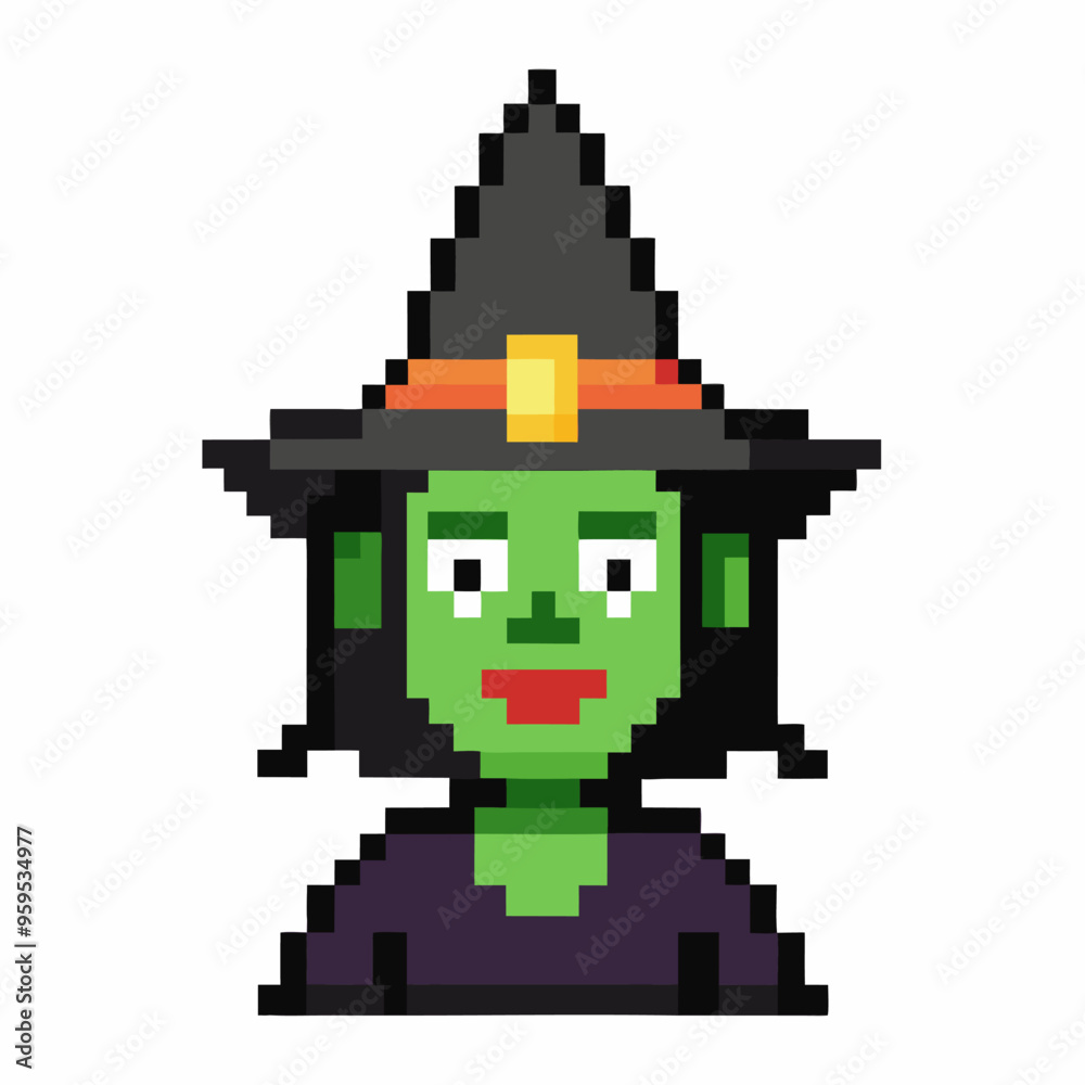 Obraz premium Pixel Art Witch with Green Face and Black Hat on White Background