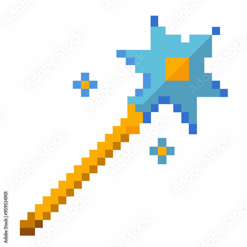 Pixel Art Magic Wand Icon Blue Star with Yellow Handle and Sparkling Effects