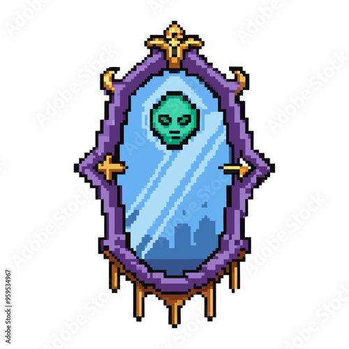 Vintage Pixel Art Mirror with Alien Reflection   Retro Styled Digital Artwork