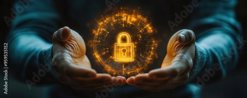 Businessman s hands surrounding a glowing patent lock, emphasizing the protection of innovation