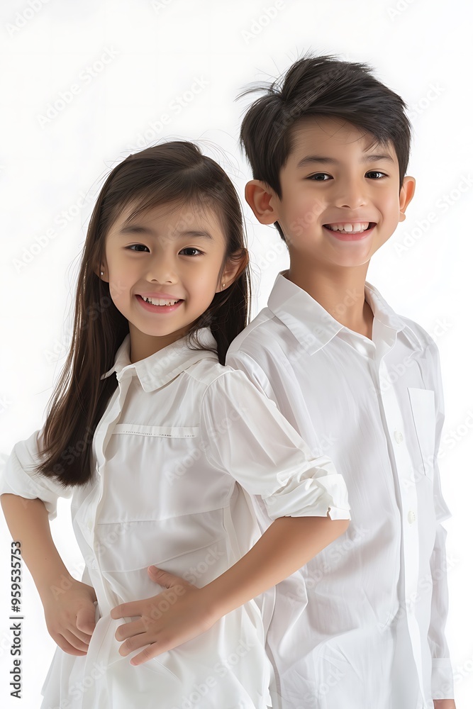happy excited cute Philippines boy and girl posing, 10 years old, wearing white shirt, white background, full body, advertising photography happy excited cute Philippines boy and girl posing, 10 years old, wearing white shirt, white background, full body, advertising photography