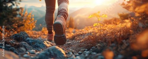 Blender 3D render of a person hiking with a fitness tracker showing steps, symbolizing outdoor exercise for obesity prevention, isolated background, perspective shot.