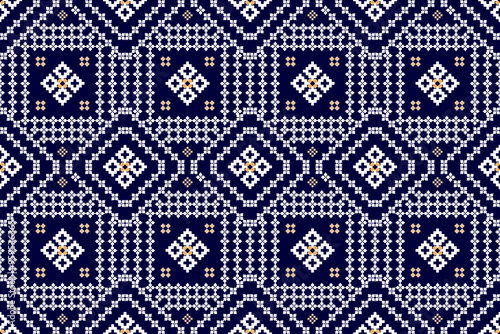 Geometric and cross stitch traditional ethnic pattern.floral pixel art embroidery. Elegance background abstract Aztec seamless pattern for fabric,cloth,dress,carpet,curtain,sarong,batik,wallpaper. photo