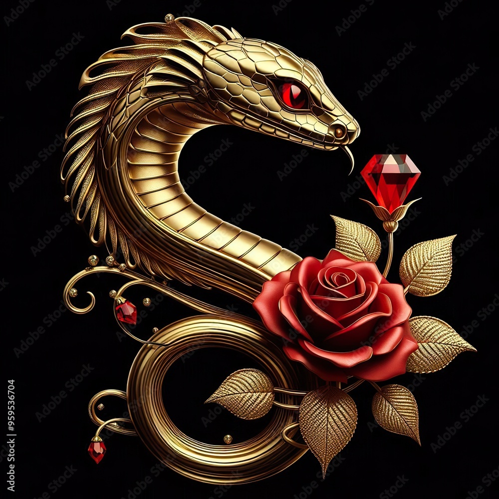 Obraz premium A stylized gold beautiful Snake head, A single red diamond rose with gold leaves is positioned beside the head, black background