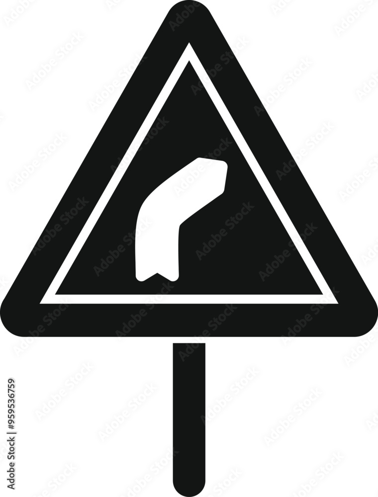 Simple black and white icon of a traffic sign indicating a left curve in the road ahead Simple black and white icon of a traffic sign indicating a left curve in the road ahead