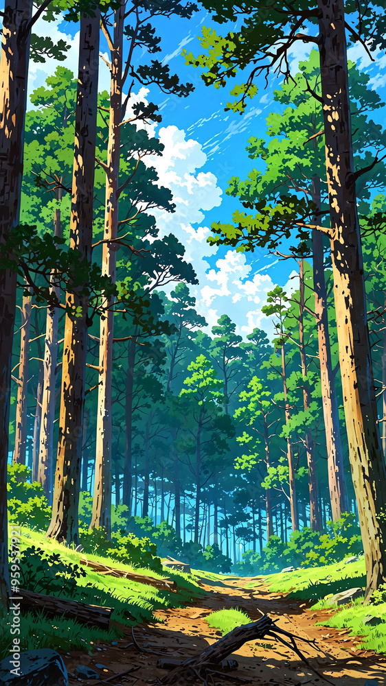 anime gusty winds rustling through pine forest background art design backdrop