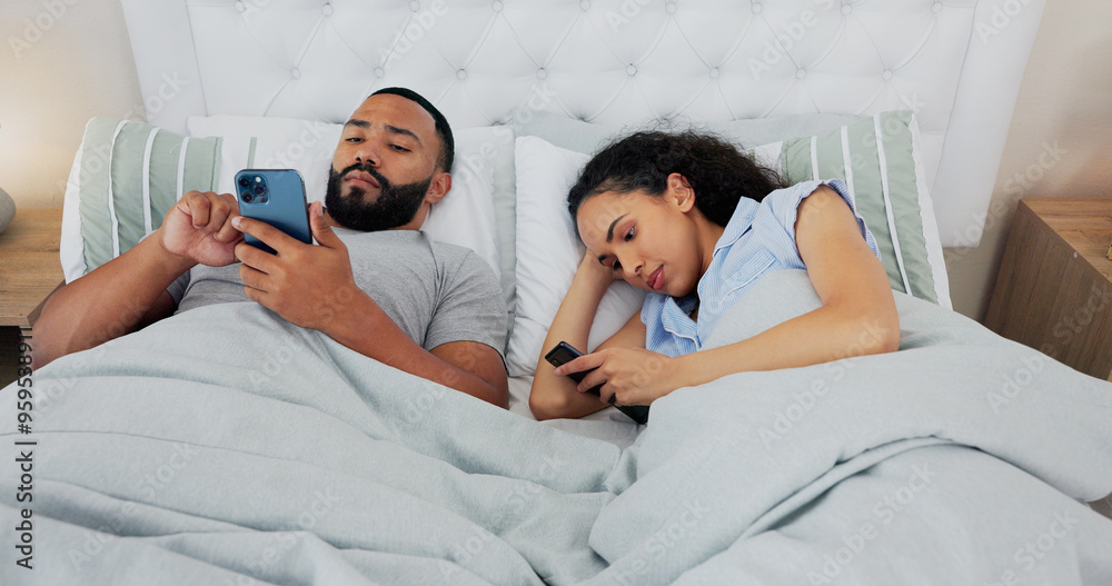 Couple, phone and anger in bed, ignore and annoyed with reading, chat or social media addiction in home. Man, woman and doom scrolling for conflict, fight and frustrated with mobile app on smartphone Couple, phone and anger in bed, ignore and annoyed with reading, chat or social media addiction in home. Man, woman and doom scrolling for conflict, fight and frustrated with mobile app on smartphone
