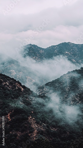 Misty mountain landscape with layers of green hills and clouds. photo